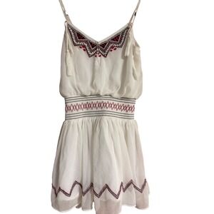 Free People Embroidered Boho Mini Dress Ivory White Red XS Tassel Smocked Waist